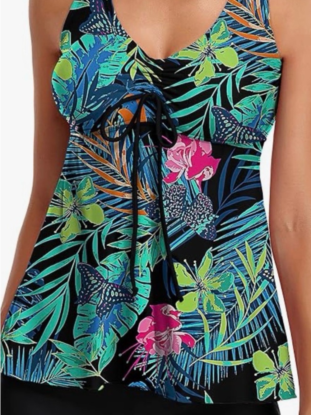 Tropical Floral V-Neck 2-Piece Swimsuit - Black with Multi Floral